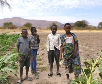 Four kids standing in a field