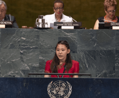 Girl from Mongolia speaking in front of the UN on climate change